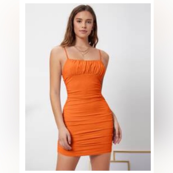 ! 2 for 20 ! Ruched Bodycon Orange Dress - Picture 1 of 5